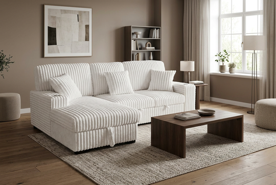 Venice Ivory Corduroy Storage Sleeper Sectional w/ Dual Cupholders &amp; USB Ports