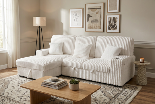 Venice Ivory Corduroy Storage Sleeper Sectional w/ Dual Cupholders &amp; USB Ports