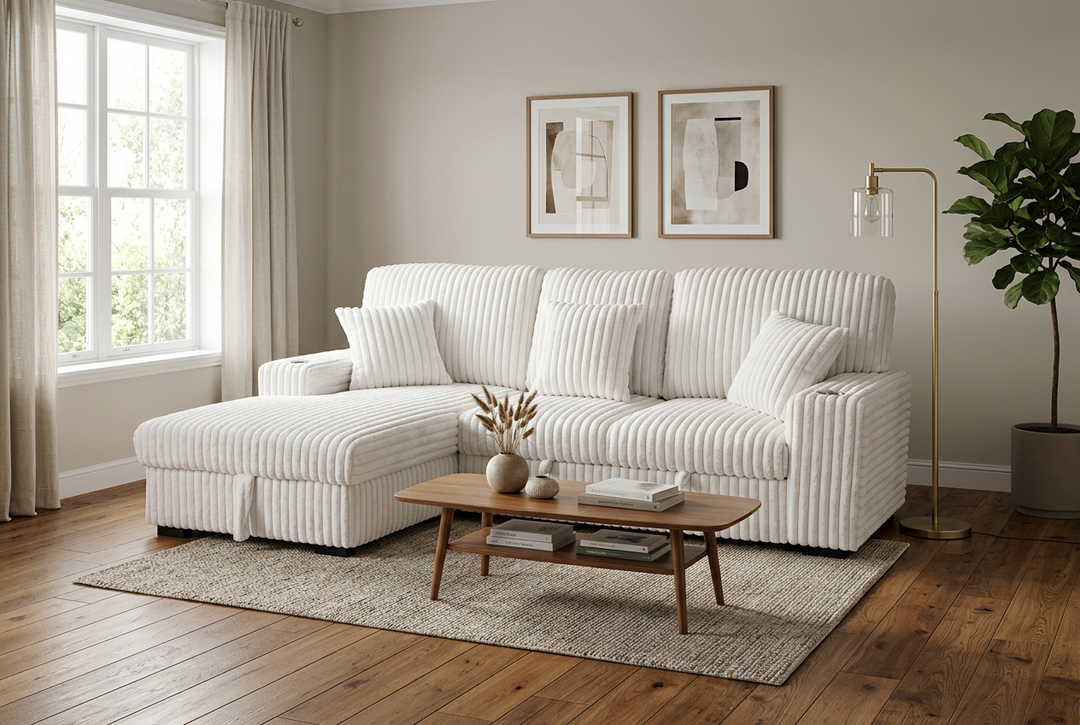 Venice Ivory Corduroy Storage Sleeper Sectional w/ Dual Cupholders &amp; USB Ports