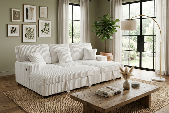 Venice Ivory Corduroy Storage Sleeper Sectional w/ Dual Cupholders &amp; USB Ports