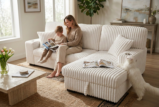 Venice Ivory Corduroy Storage Sleeper Sectional w/ Dual Cupholders &amp; USB Ports