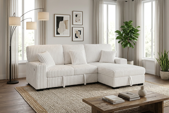 Venice Ivory Corduroy Storage Sleeper Sectional w/ Dual Cupholders &amp; USB Ports