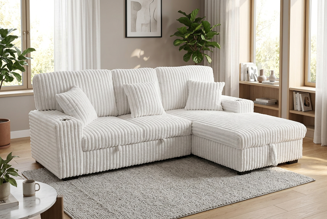 Venice Ivory Corduroy Storage Sleeper Sectional w/ Dual Cupholders &amp; USB Ports