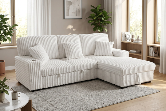 Venice Ivory Corduroy Storage Sleeper Sectional w/ Dual Cupholders &amp; USB Ports