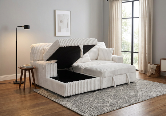 Venice Ivory Corduroy Storage Sleeper Sectional w/ Dual Cupholders &amp; USB Ports