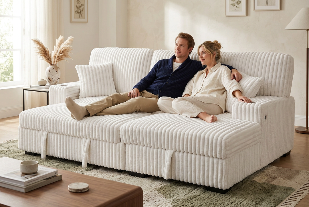 Venice Ivory Corduroy Storage Sleeper Sectional w/ Dual Cupholders &amp; USB Ports