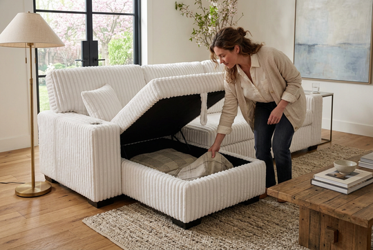 Venice Ivory Corduroy Storage Sleeper Sectional w/ Dual Cupholders &amp; USB Ports