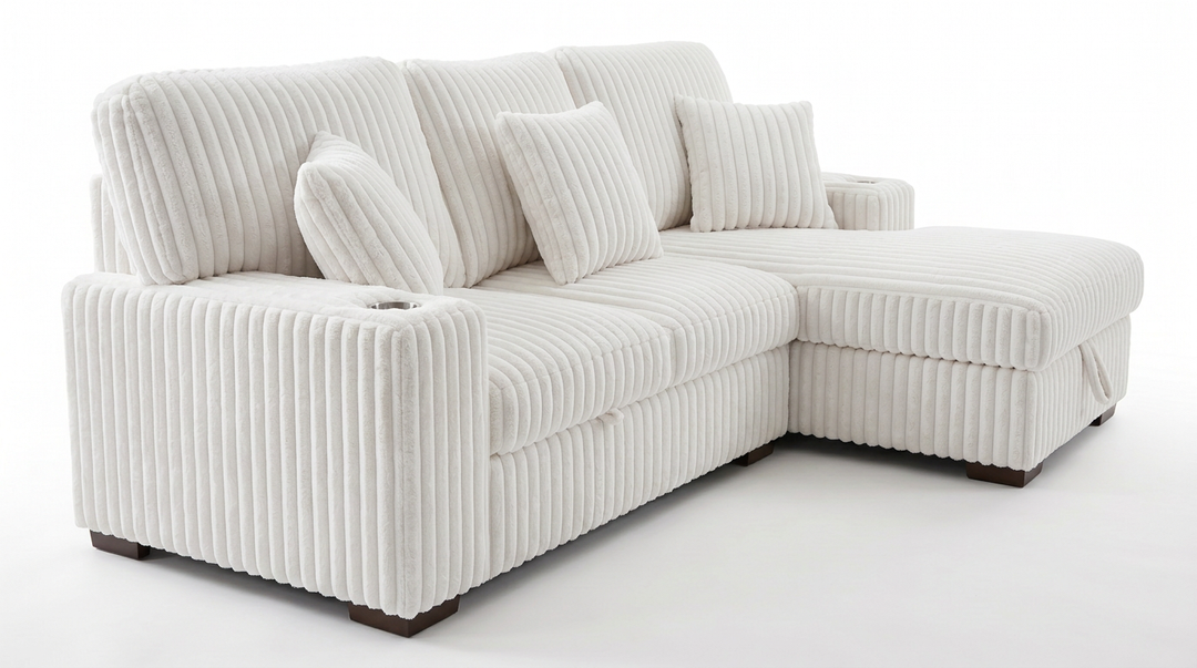 Venice Ivory Corduroy Storage Sleeper Sectional w/ Dual Cupholders &amp; USB Ports