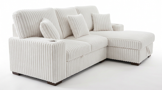 Venice Ivory Corduroy Storage Sleeper Sectional w/ Dual Cupholders &amp; USB Ports