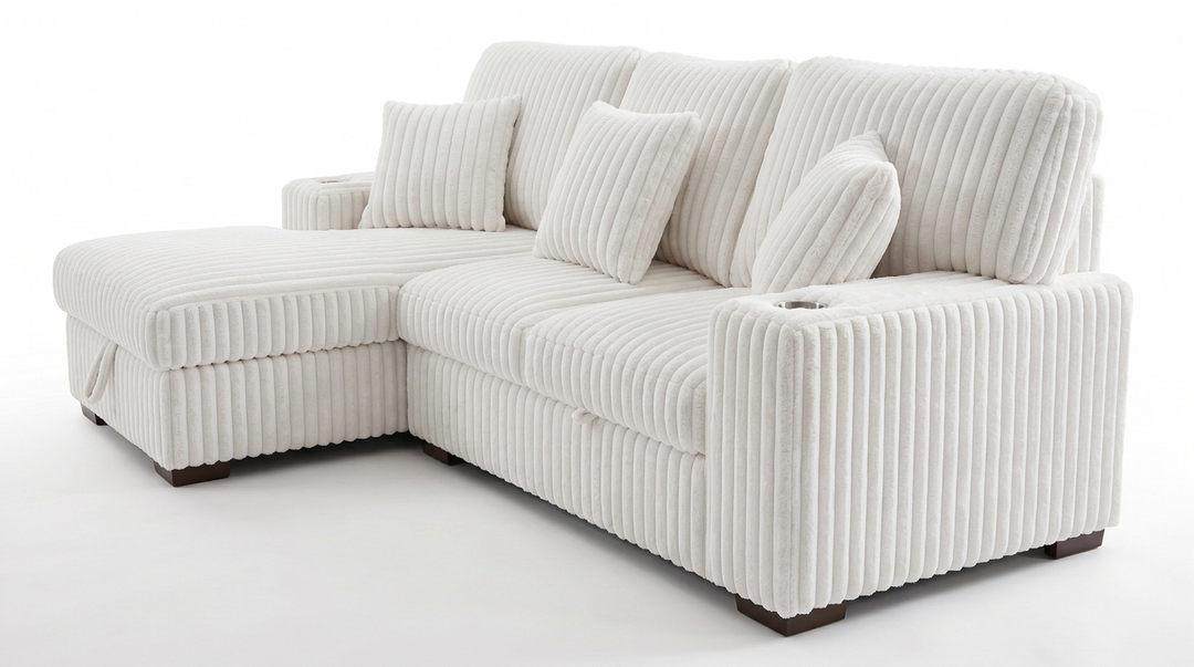 Venice Ivory Corduroy Storage Sleeper Sectional w/ Dual Cupholders &amp; USB Ports