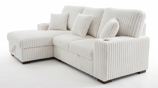 Venice Ivory Corduroy Storage Sleeper Sectional w/ Dual Cupholders &amp; USB Ports