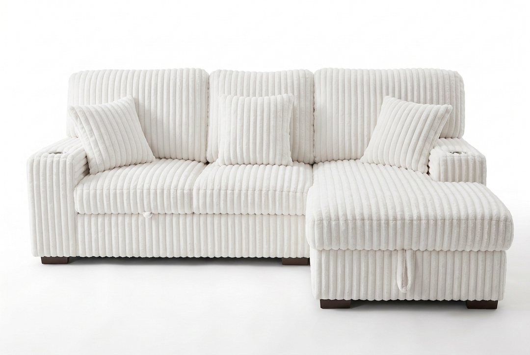 Venice Ivory Corduroy Storage Sleeper Sectional w/ Dual Cupholders &amp; USB Ports