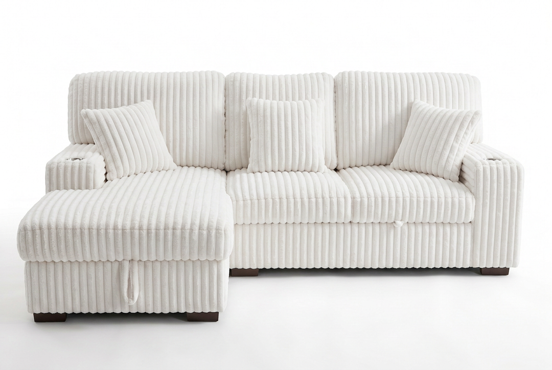 Venice Ivory Corduroy Storage Sleeper Sectional w/ Dual Cupholders &amp; USB Ports