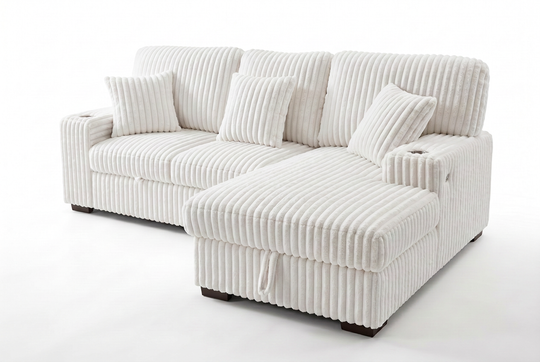 Venice Ivory Corduroy Storage Sleeper Sectional w/ Dual Cupholders &amp; USB Ports