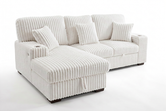 Venice Ivory Corduroy Storage Sleeper Sectional w/ Dual Cupholders &amp; USB Ports