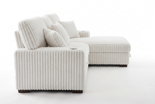Venice Ivory Corduroy Storage Sleeper Sectional w/ Dual Cupholders &amp; USB Ports