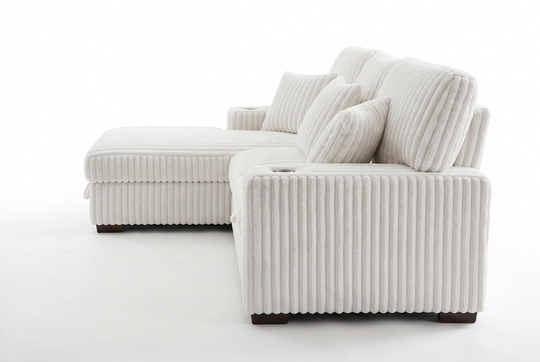Venice Ivory Corduroy Storage Sleeper Sectional w/ Dual Cupholders &amp; USB Ports