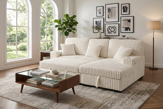 Venice Ivory Corduroy Storage Sleeper Sectional w/ Dual Cupholders &amp; USB Ports