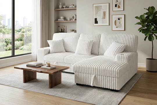 Venice Ivory Corduroy Storage Sleeper Sectional w/ Dual Cupholders &amp; USB Ports