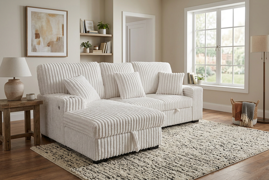 Venice Ivory Corduroy Storage Sleeper Sectional w/ Dual Cupholders &amp; USB Ports