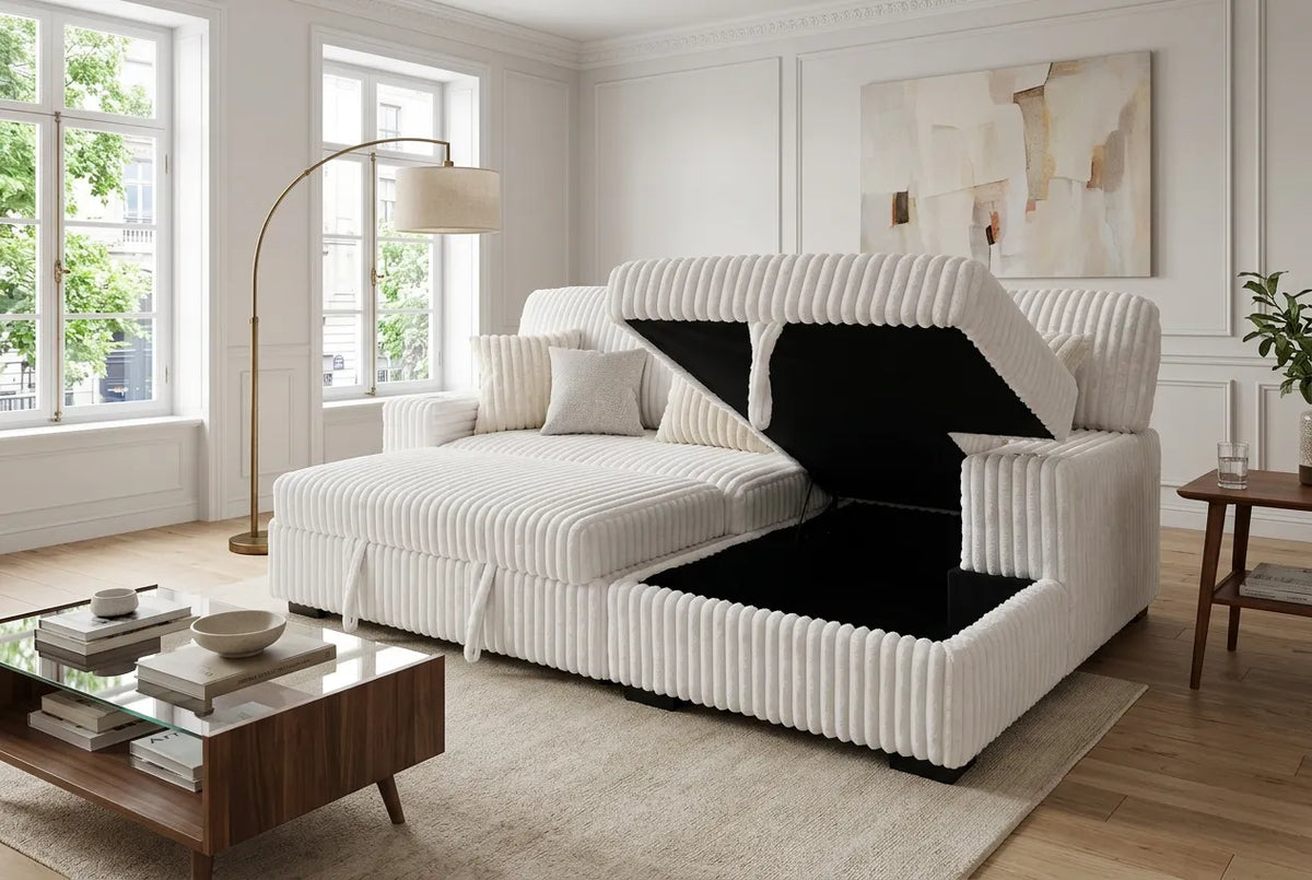 Storage-Friendly Venice Ivory Corduroy Sleeper Sectional