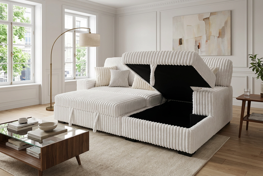 Venice Ivory Corduroy Storage Sleeper Sectional w/ Dual Cupholders &amp; USB Ports