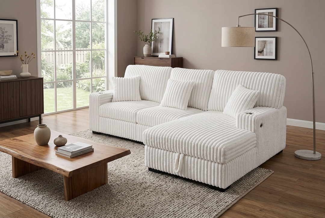 Venice Ivory Corduroy Storage Sleeper Sectional w/ Dual Cupholders &amp; USB Ports