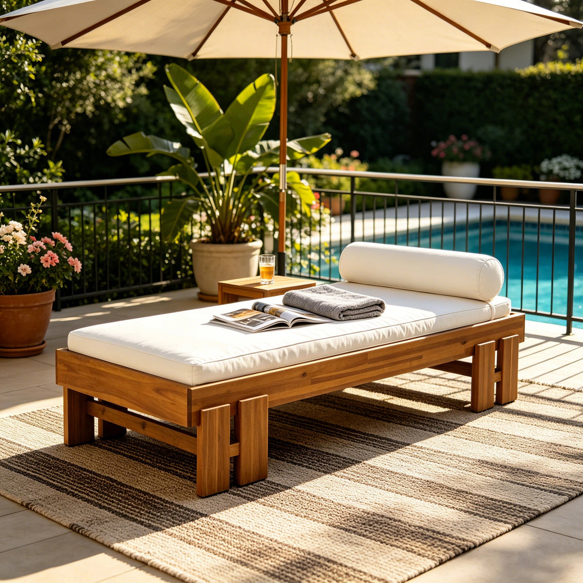 Daybed: Teak Finish Acacia Wood with Luxurious Cream Cushion