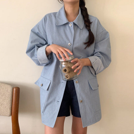 Commuter-style Relaxed-fit Striped Long-sleeve Shirt Jacket