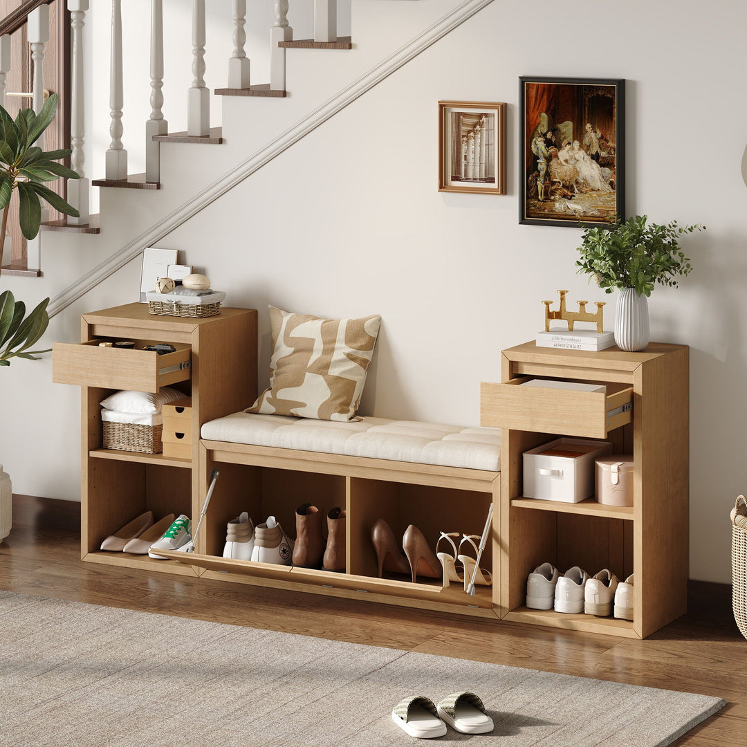 Entryway Storage Bench With Cushion, Drawers &amp; Open Shelves