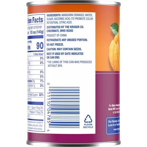 Kroger Canned Mandarin Oranges in Light Syrup 15 oz