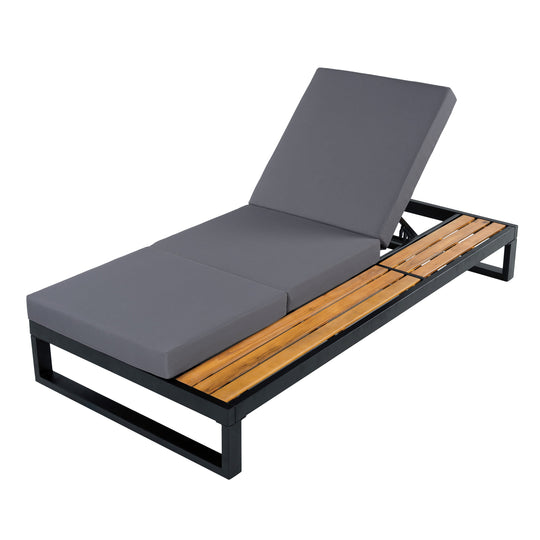Black Iron &amp; Teak Finish Chaise Lounge Set: 1 Frame + 1 3-Fold Dark Cushion