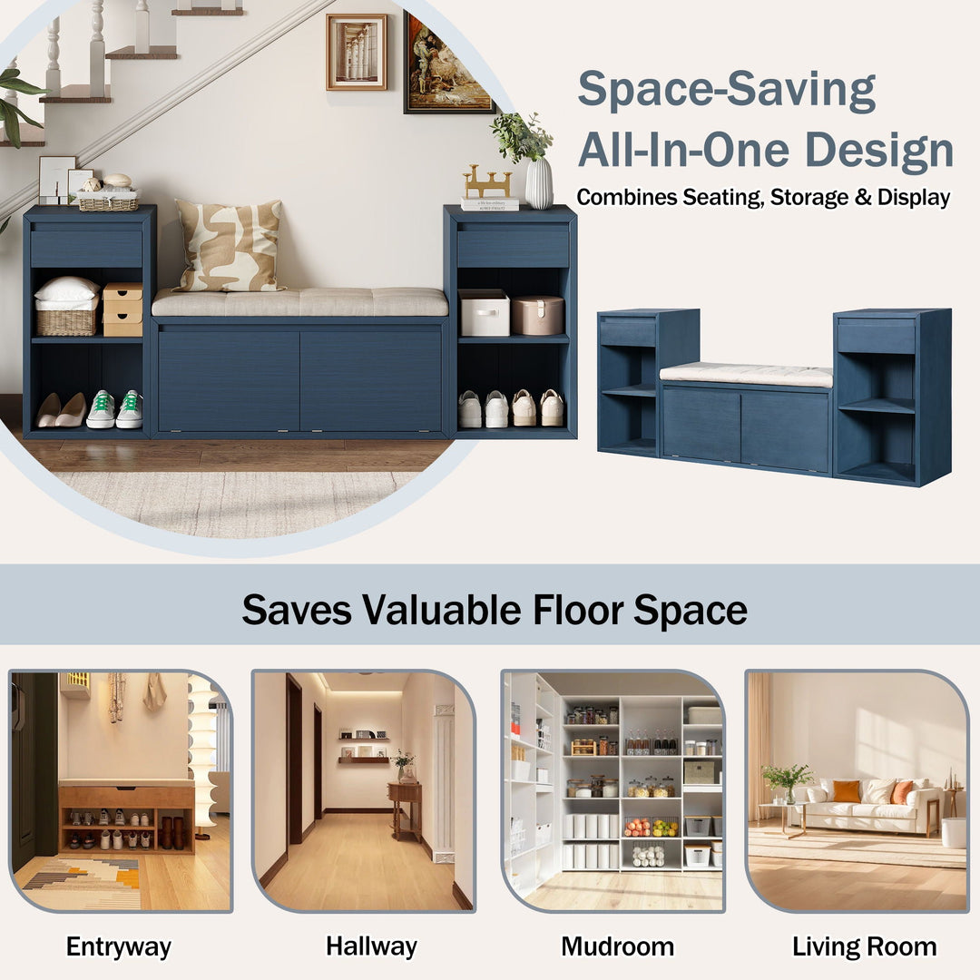 Entryway Storage Bench With Cushion, Drawers &amp; Open Shelves