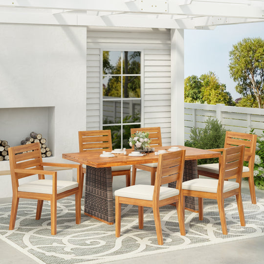 Outdoor 7 Pieces Acacia Wood Dining Set with Handwoven Rattan Legs
