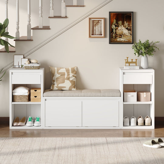Entryway Storage Bench With Cushion, Drawers &amp; Open Shelves