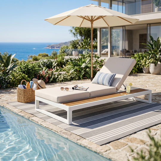 White Iron &amp; Teak Finish Chaise Lounge Set