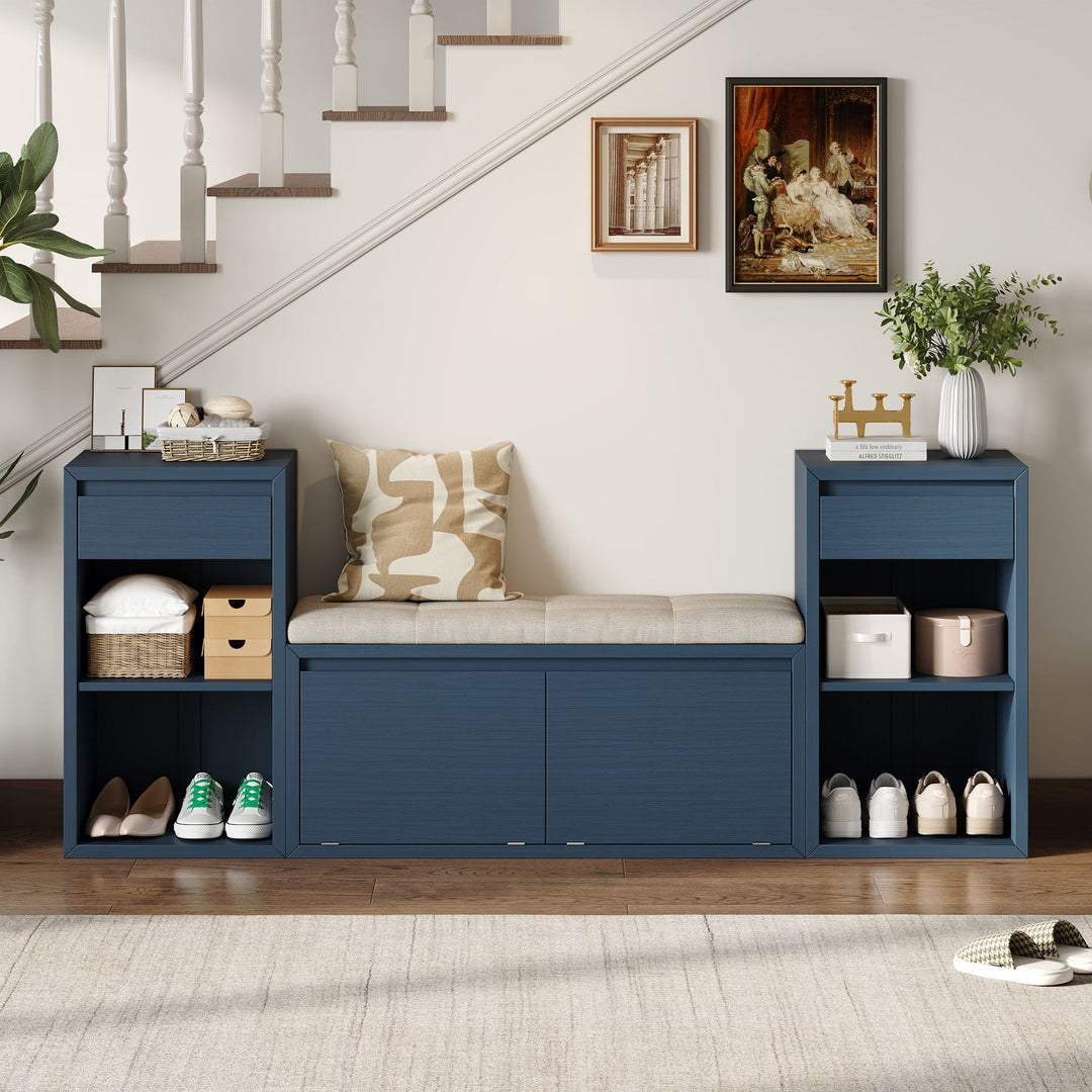 Entryway Storage Bench With Cushion, Drawers &amp; Open Shelves