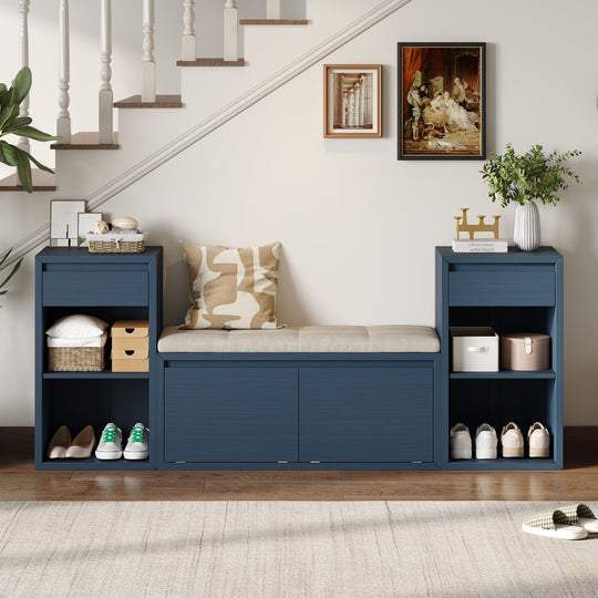 Entryway Storage Bench With Cushion, Drawers &amp; Open Shelves