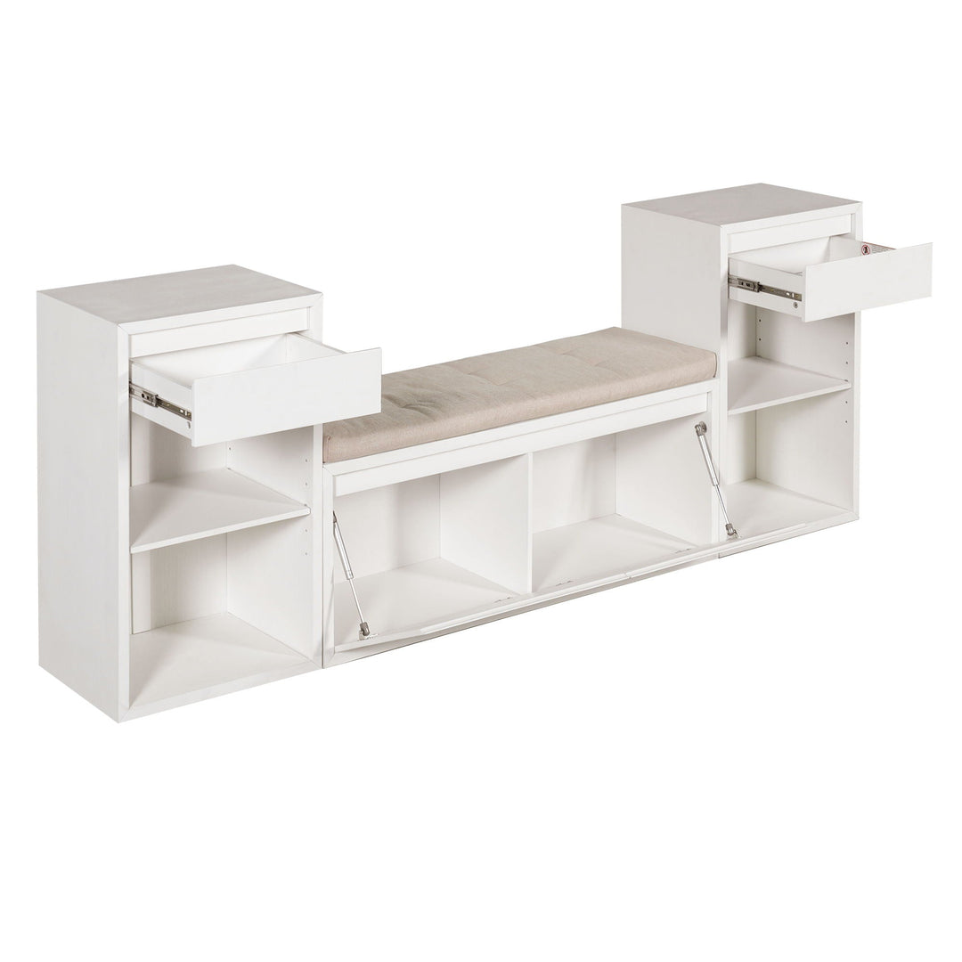 Entryway Storage Bench With Cushion, Drawers &amp; Open Shelves