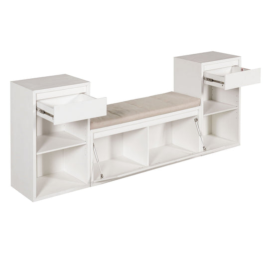 Entryway Storage Bench With Cushion, Drawers &amp; Open Shelves