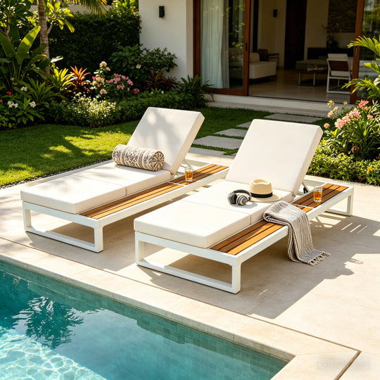 White Iron &amp; Teak Finish Chaise Lounge Set