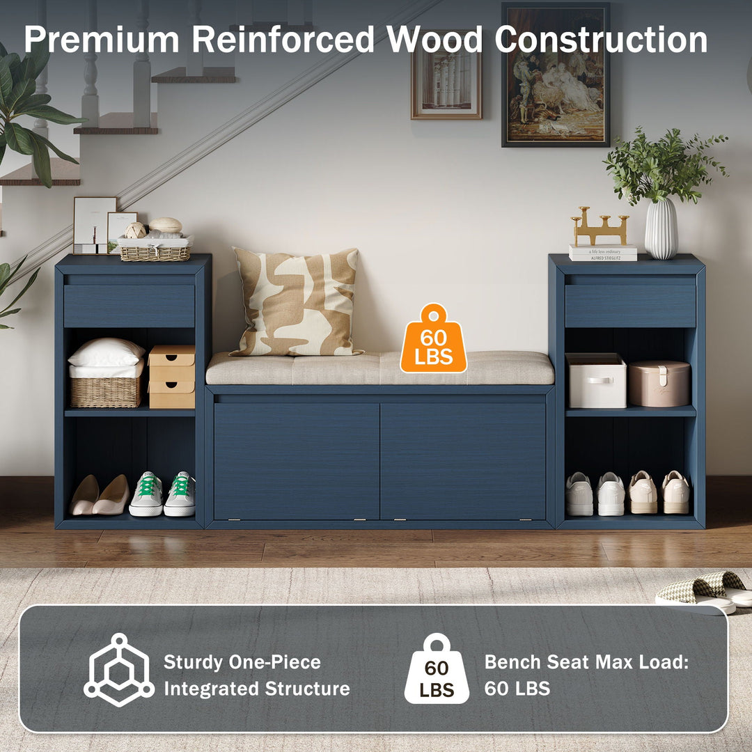Entryway Storage Bench With Cushion, Drawers &amp; Open Shelves