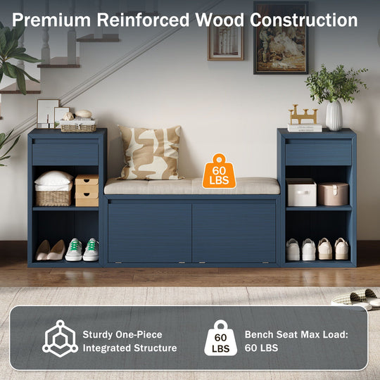 Entryway Storage Bench With Cushion, Drawers &amp; Open Shelves