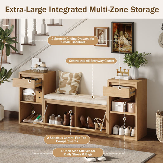 Entryway Storage Bench With Cushion, Drawers &amp; Open Shelves