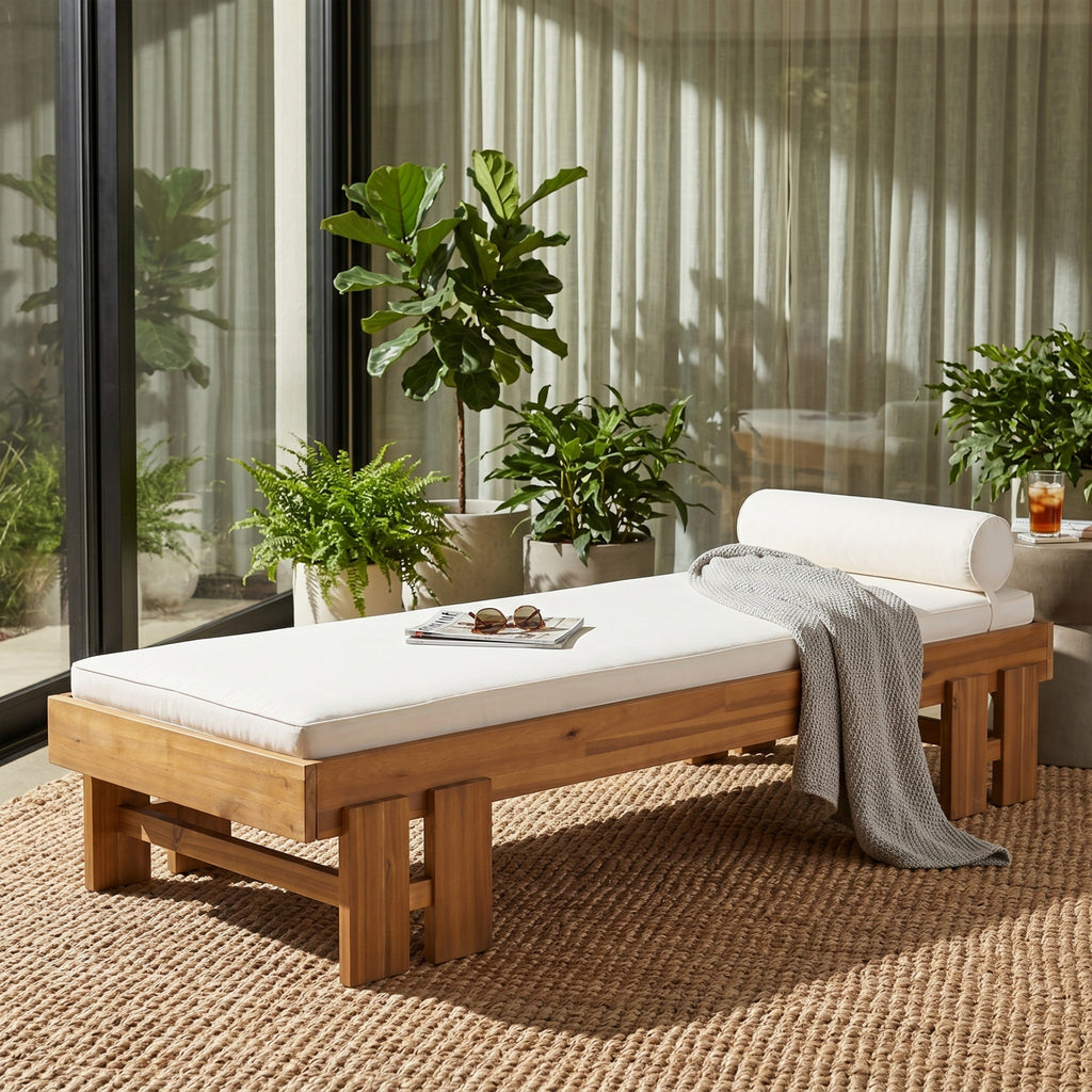Daybed: Teak Finish Acacia Wood with Luxurious Cream Cushion