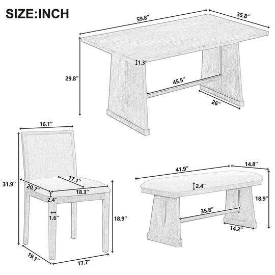 Dining Set With Rectangular Table, 4 Upholstered Chairs &amp; 1 Padded Bench