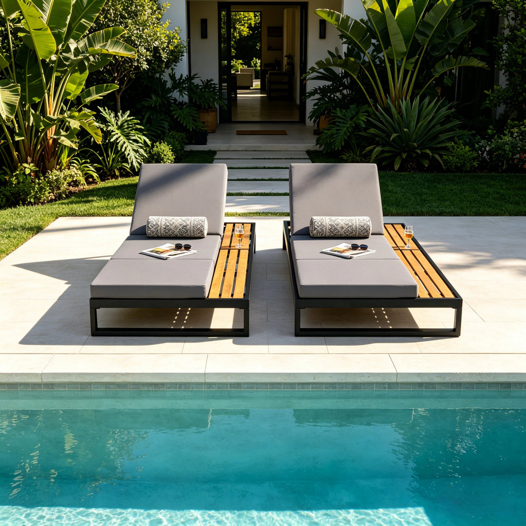 Black Iron &amp; Teak Finish Chaise Lounge Set: 1 Frame + 1 3-Fold Dark Cushion