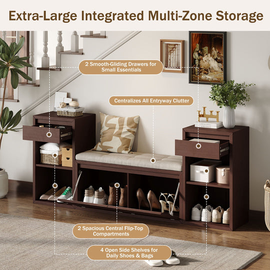 Entryway Storage Bench With Cushion, Drawers &amp; Open Shelves