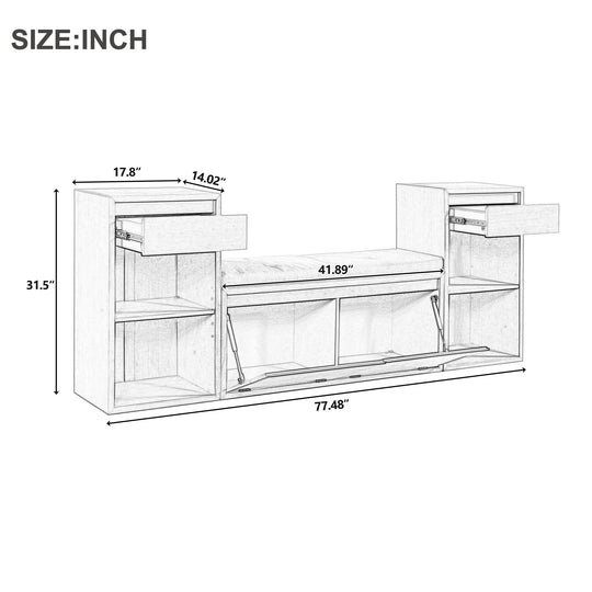 Entryway Storage Bench With Cushion, Drawers &amp; Open Shelves