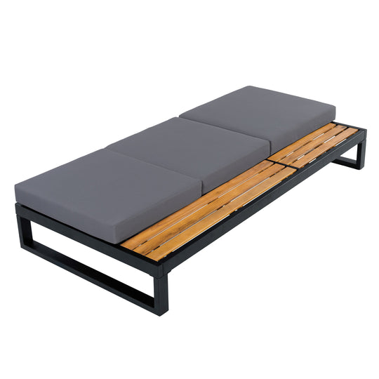 Black Iron &amp; Teak Finish Chaise Lounge Set: 1 Frame + 1 3-Fold Dark Cushion